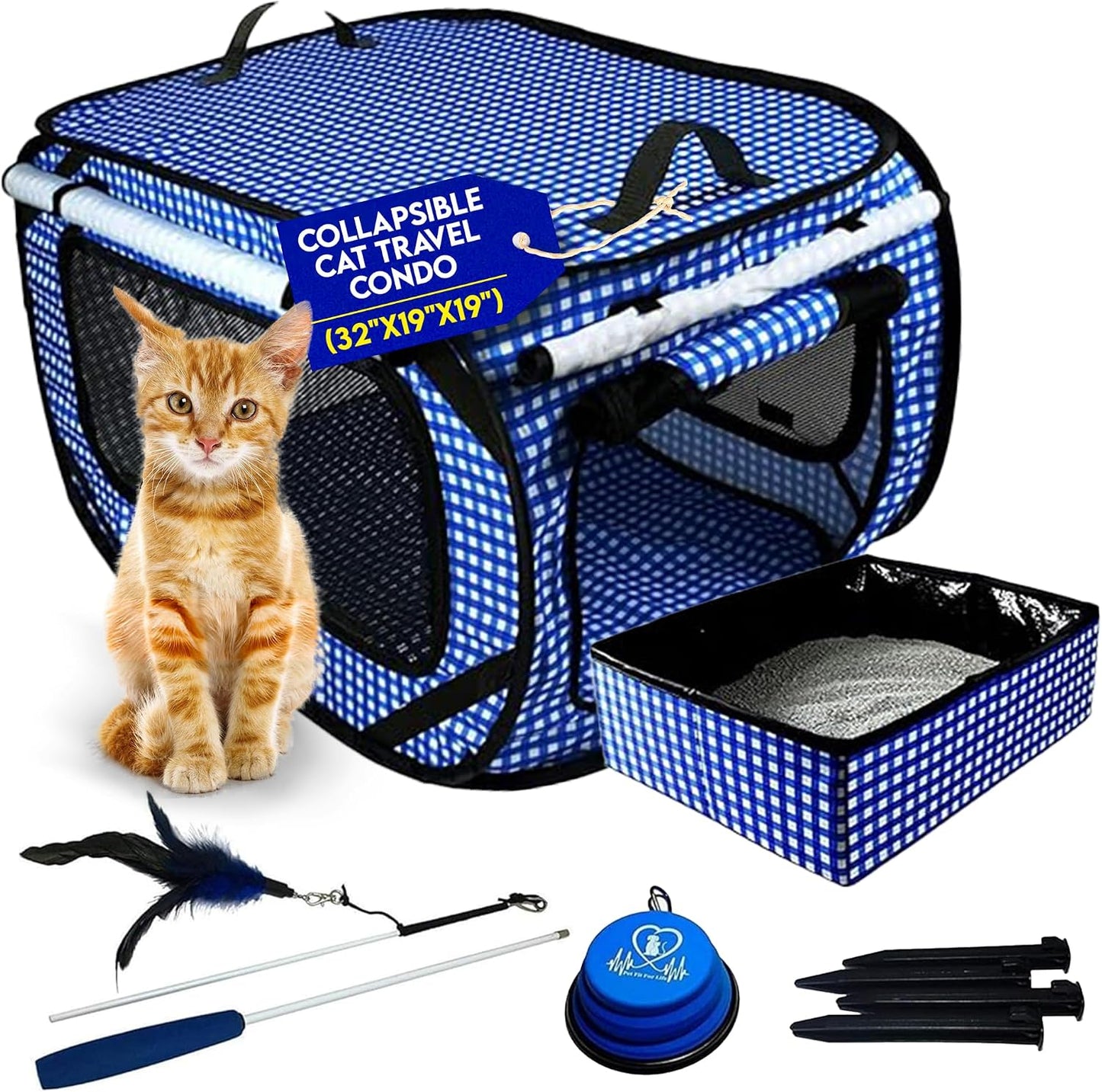 Pet Fit For Life Extra Large Cat Carrier for Travel - Foldable & Portable Collapsible Kennel with Litter Box, Feather Toy & Water/Food Bowl - Ideal for Cars, Long Trips & Indoor Cats - Blue Checkers
