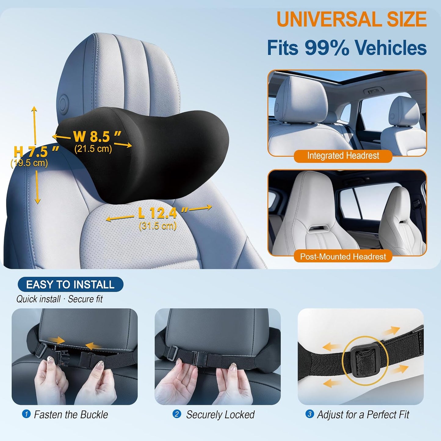 Allaboutsla 2-Pack Car Neck Pillow, Car Headrest Pillow for Neck Support | Memory Foam Car Neck Pillow for Driving with Neck Support, Adjustable Strap, Head Rest Pillow for Long Drives, Trucks, Black