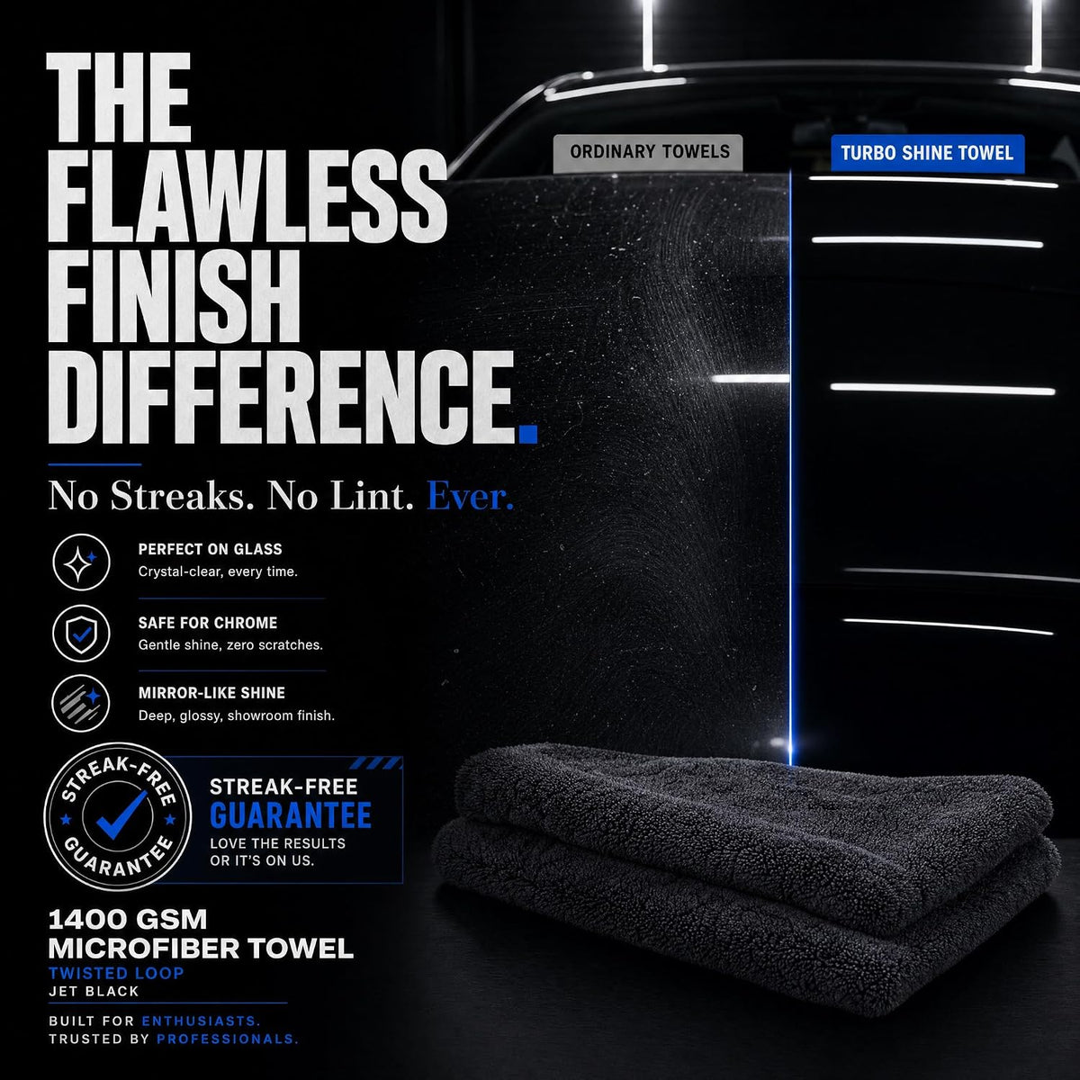 1400 GSM Microfiber Car Drying Towel, Twisted Loop, Streak-Free, Lint-Free, 24x36 Inch Ultra Premium Car Wash Towel (1, Jet Black, 24" x 36")