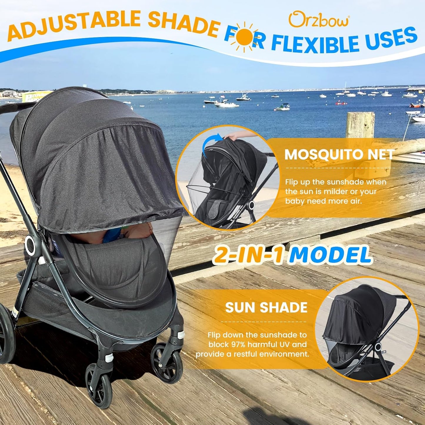 Orzbow Baby Mosquito Net for Stroller with Sun Shade, Breathable, Black | Tear-Resistant Mesh, Insect Barrier w/Travel Bag for Stroller, Car Seat, Bassinet, Cradle, Mini Cribs, Baby Summer Essential
