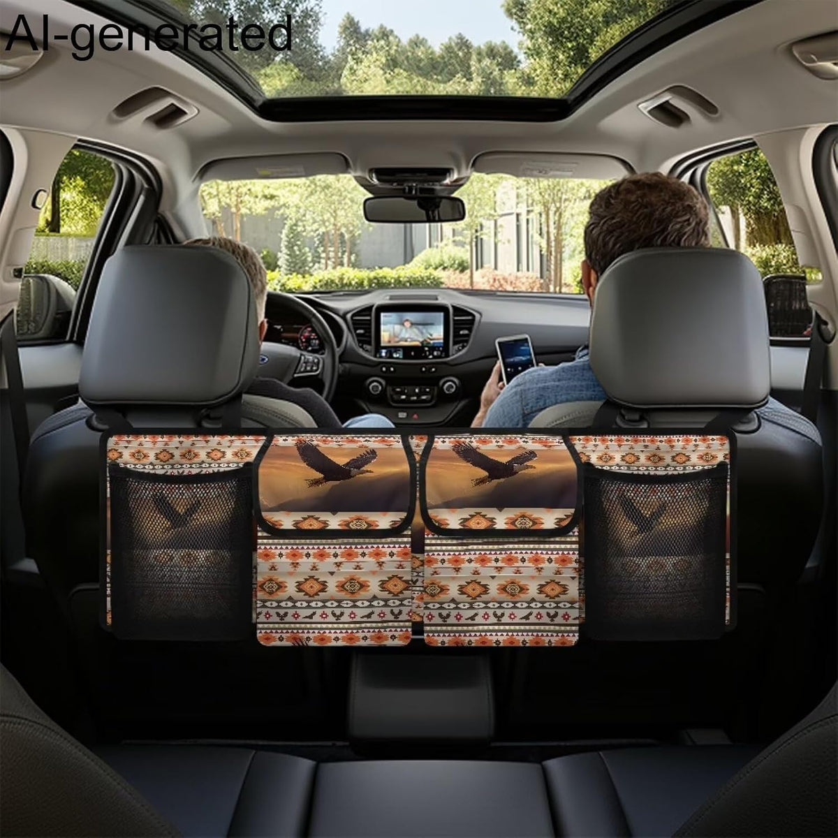 Aztec Tribe Back Seat Trunk Organizer,Eagle Space Saving Car Trunk Storage Organizer with Lid Keep your Trunk Clean and Tidy 4 Large Pockets for Kids,Travel Essentials