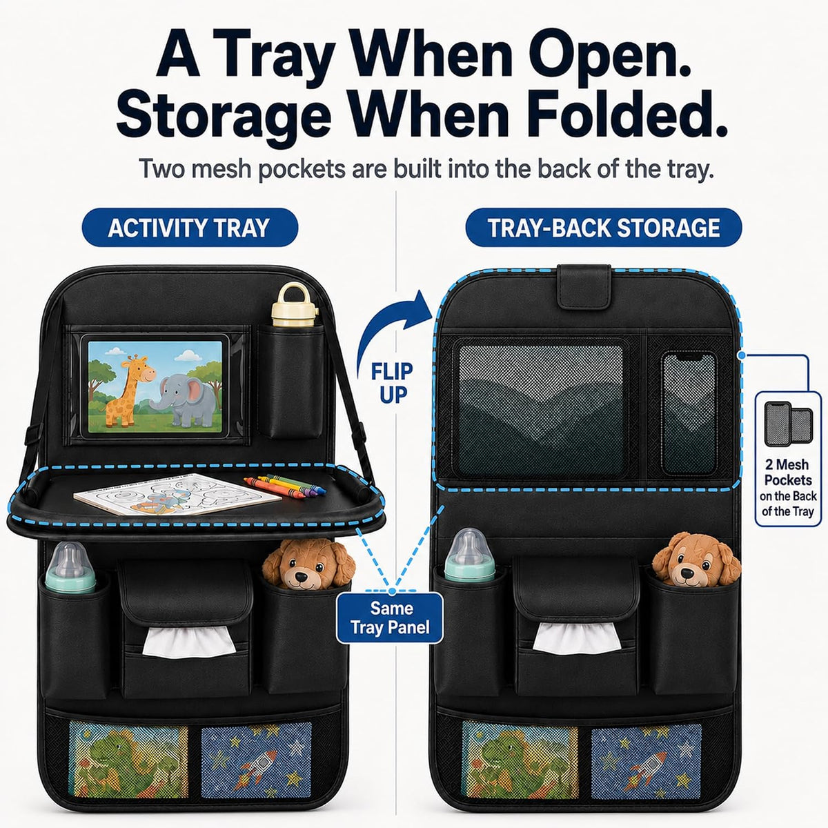 Backseat Car Organizer with Tray, Car Seat Back Organizer, 1 Pack