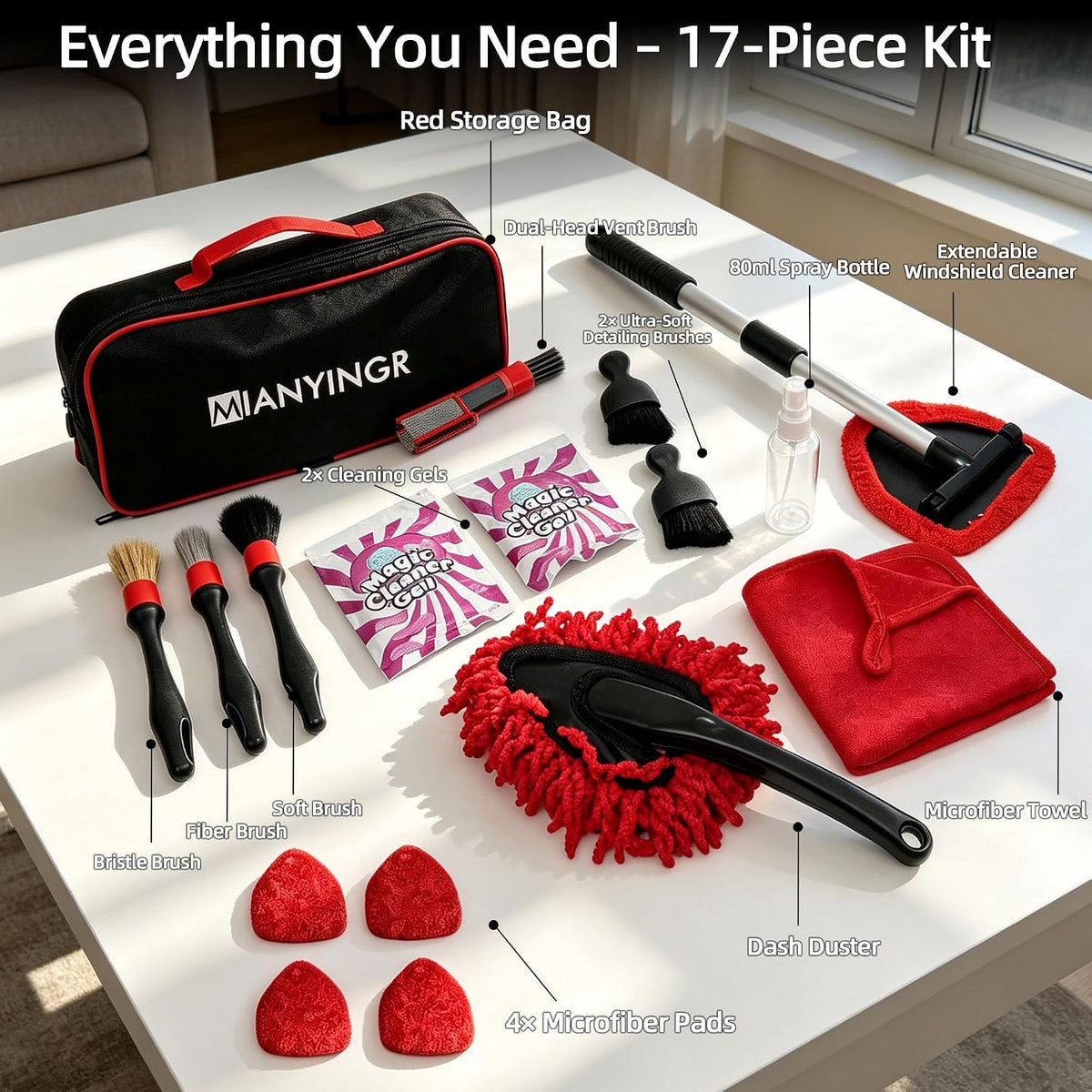 Windshield Cleaner Tool, 17Pcs Red Car Interior Detailing Kit