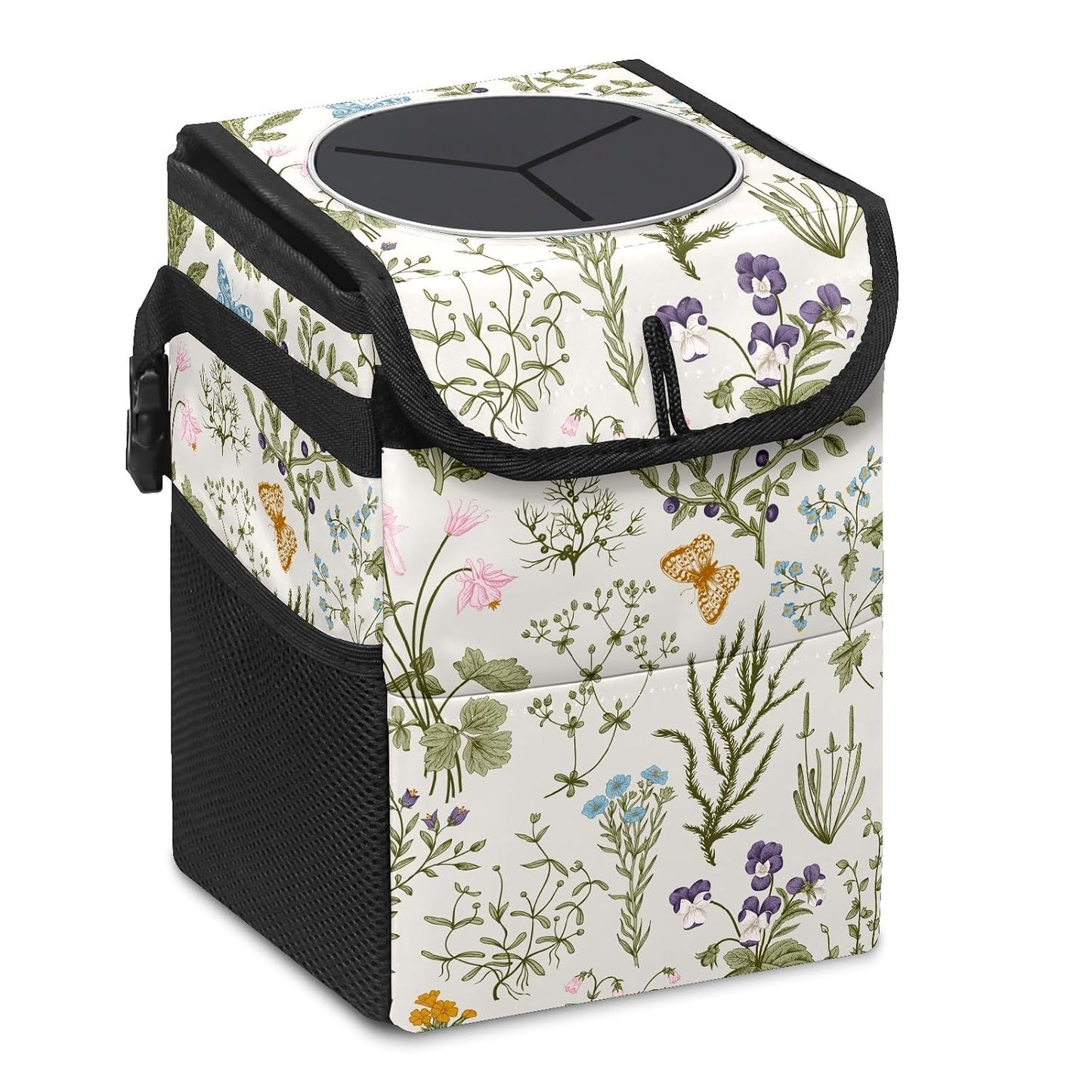 Car Trash Can with Lid Vintage Botanical Wildflowers Collapsible Reusable Leak-Proof Auto Garage Bag,Hanging Vehicle Car Accessories Interior Car Organizer
