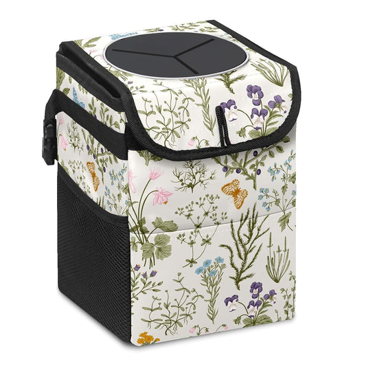 Car Trash Can with Lid Vintage Botanical Wildflowers Collapsible Reusable Leak-Proof Auto Garage Bag,Hanging Vehicle Car Accessories Interior Car Organizer
