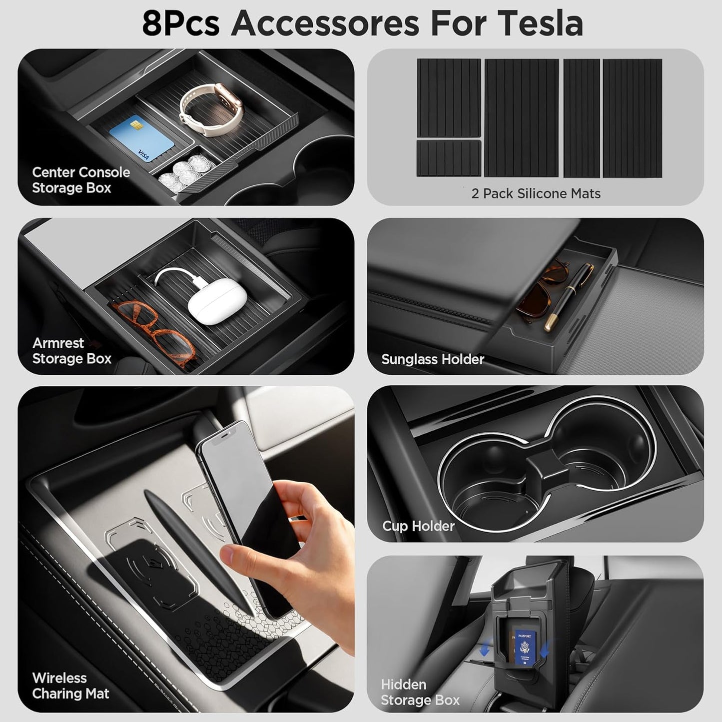 8PCS Center Console Organizer for Tesla Model Y Juniper Accessories 2026 2025 & for Tesla Model 3 Accessories 2024-2026 [Slide Smoothly & US Patent] Charging Pad Sunglasses Cup Holder Black