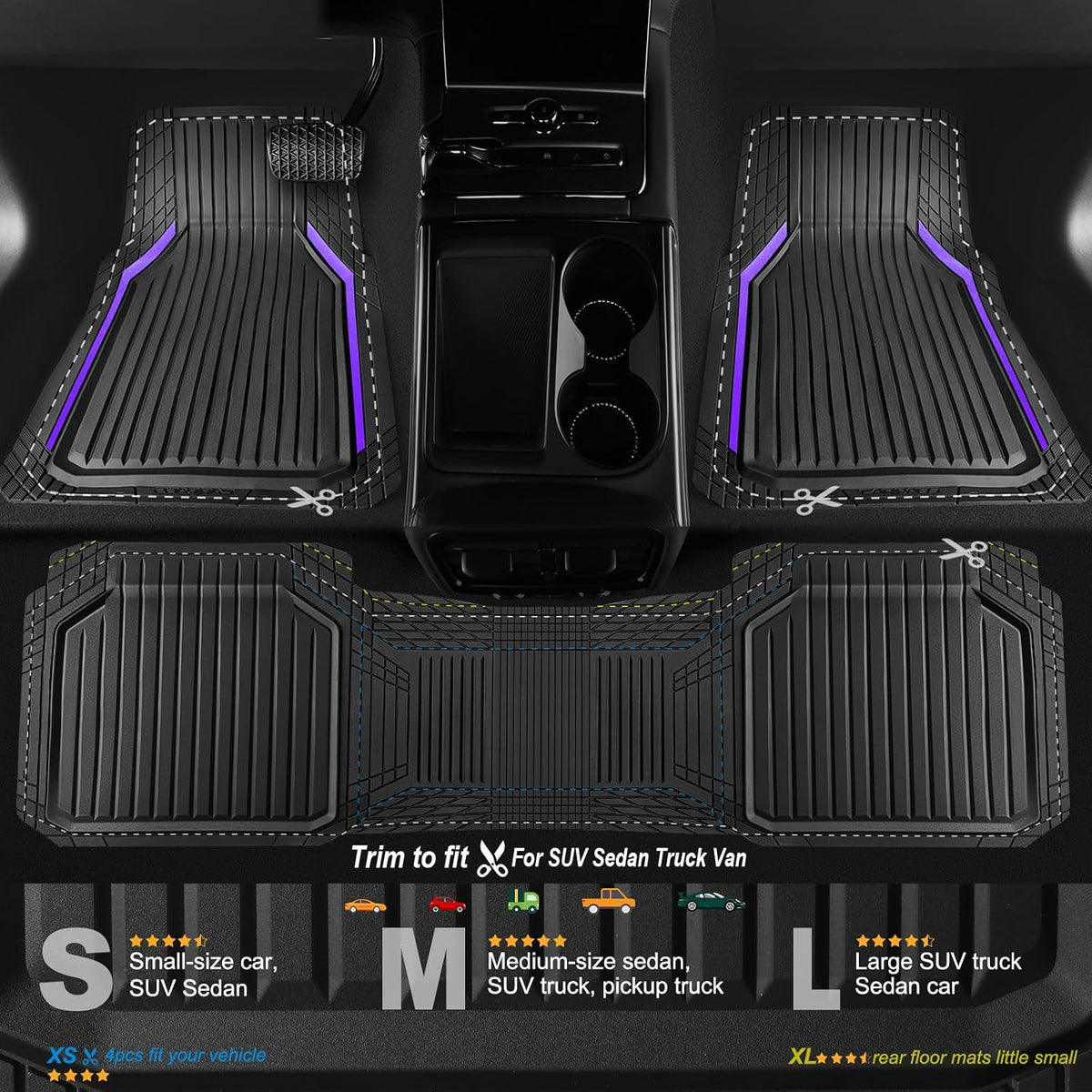 CAR PASS Heavy Duty Rubber Floor Mats for Car, Waterproof Liner Deep Dish Car Mats Full Sets, Universal Trim to Fit for SUV Truck Sedans Vans, All Weather Automotive Floor Mats 3pcs, Black Purple