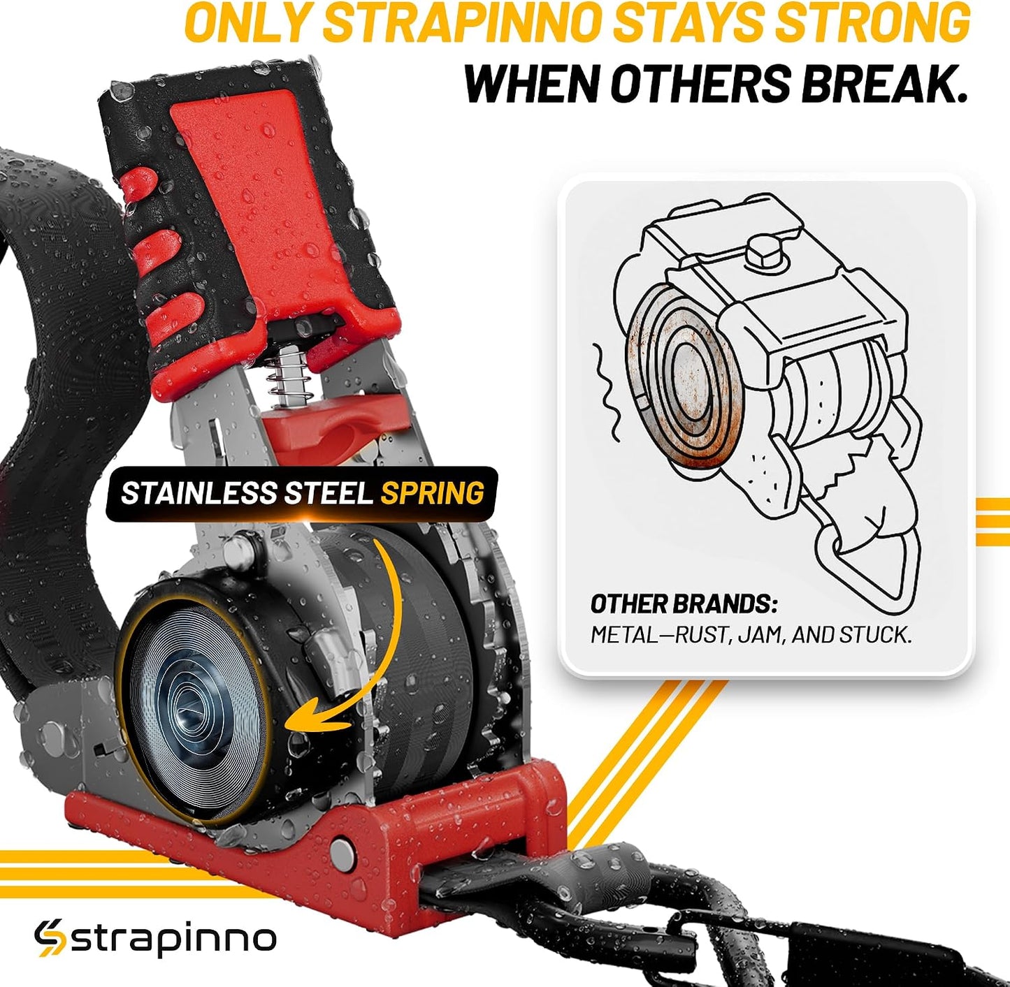 Strapinno Retractable Ratchet Straps (4-Pack), 1 in x 10 ft, 1,500LBS Break Strength, Most Durable Straps and Core, Auto Self Retracting Tie Downs for Truck, Moving, Motorcycle, Bike, Jetski, Kayak