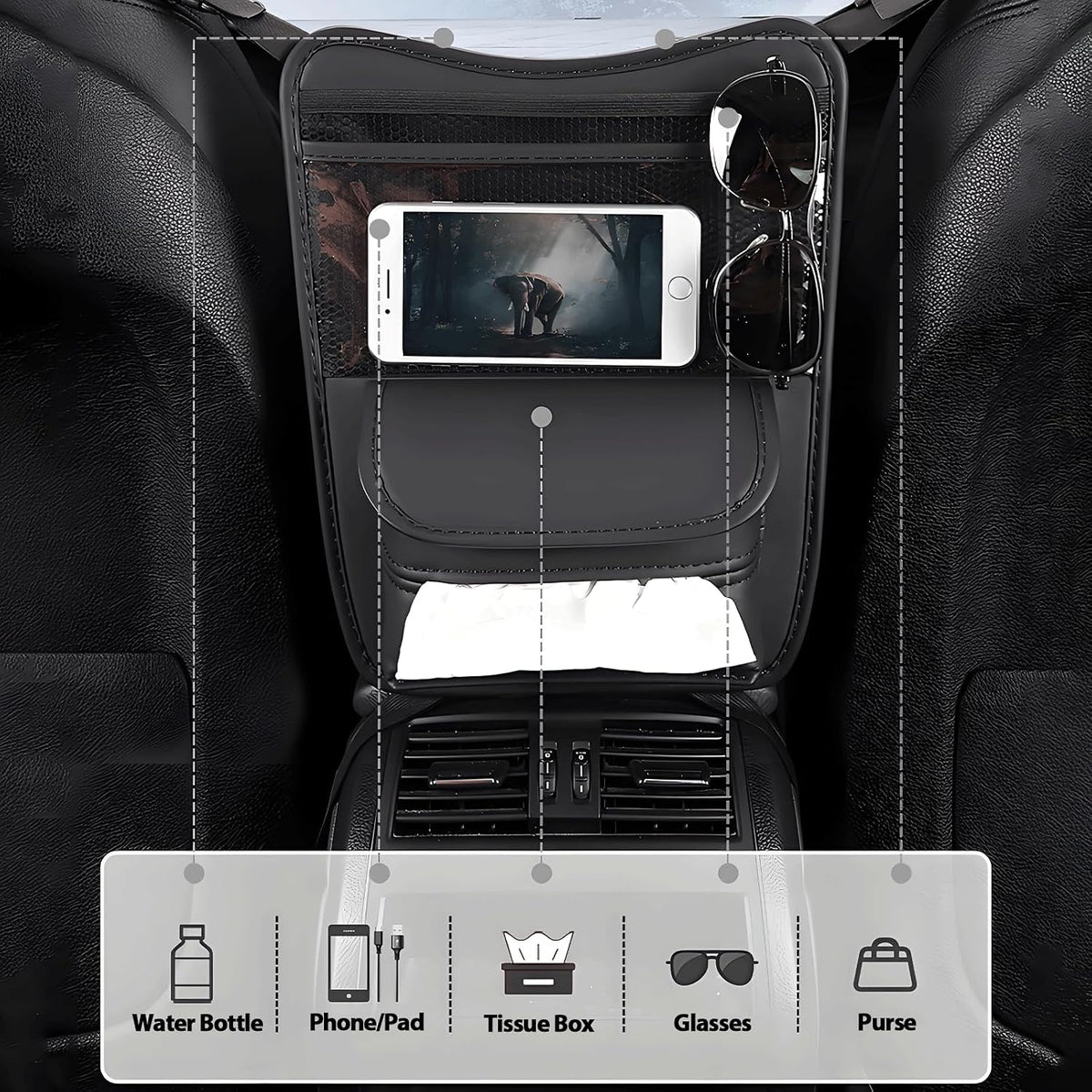 Car Organizer Storage Between Seats, Premium Leather Car Storage Bag Pocket Handbags Purse Holder with Tissue Box, Touch Screen Phone Holder, Console Front Seat Storage Barrier (Black)