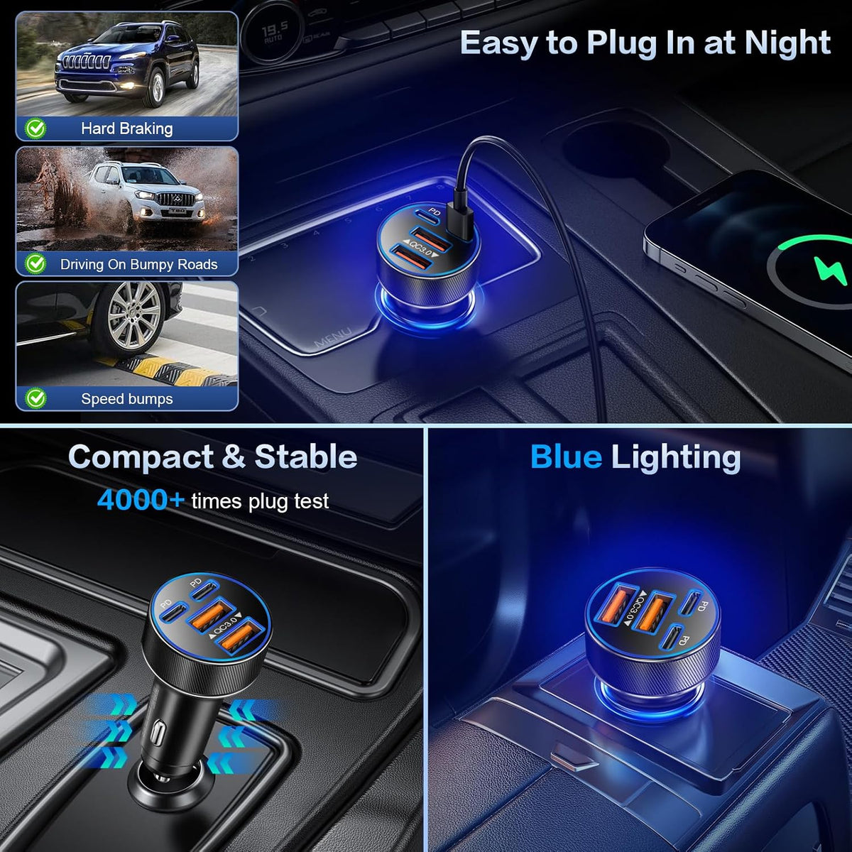 USB C Car Charger, Multi Port 90W Fast Charging Cigarette Lighter Adapter