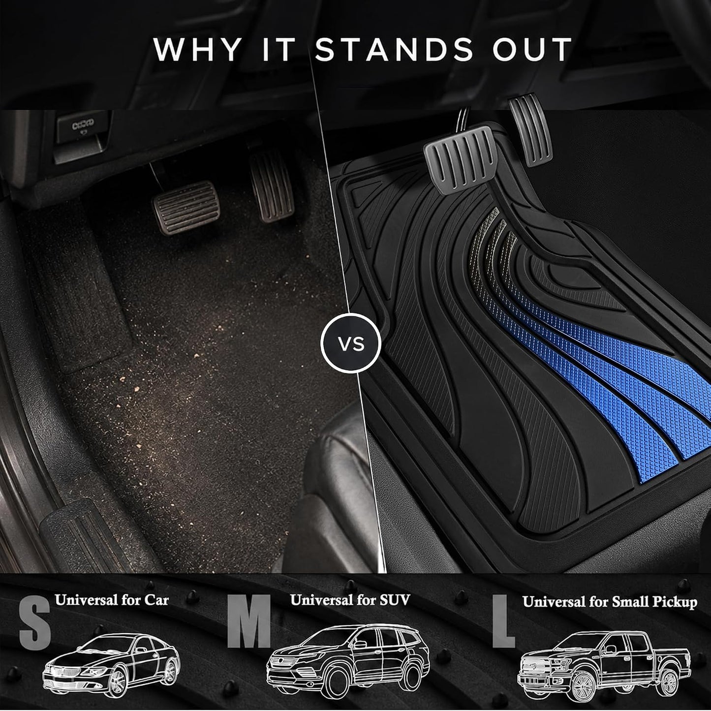 Road Comforts Car Floor Mats Full Set – Front & Rear Car Floor Mats with Aluminum Design, Anti-Slip Backing, All-Weather Protection, Trim-to-Fit Car Mats for Most Sedans, SUVs & Vans - - Blue