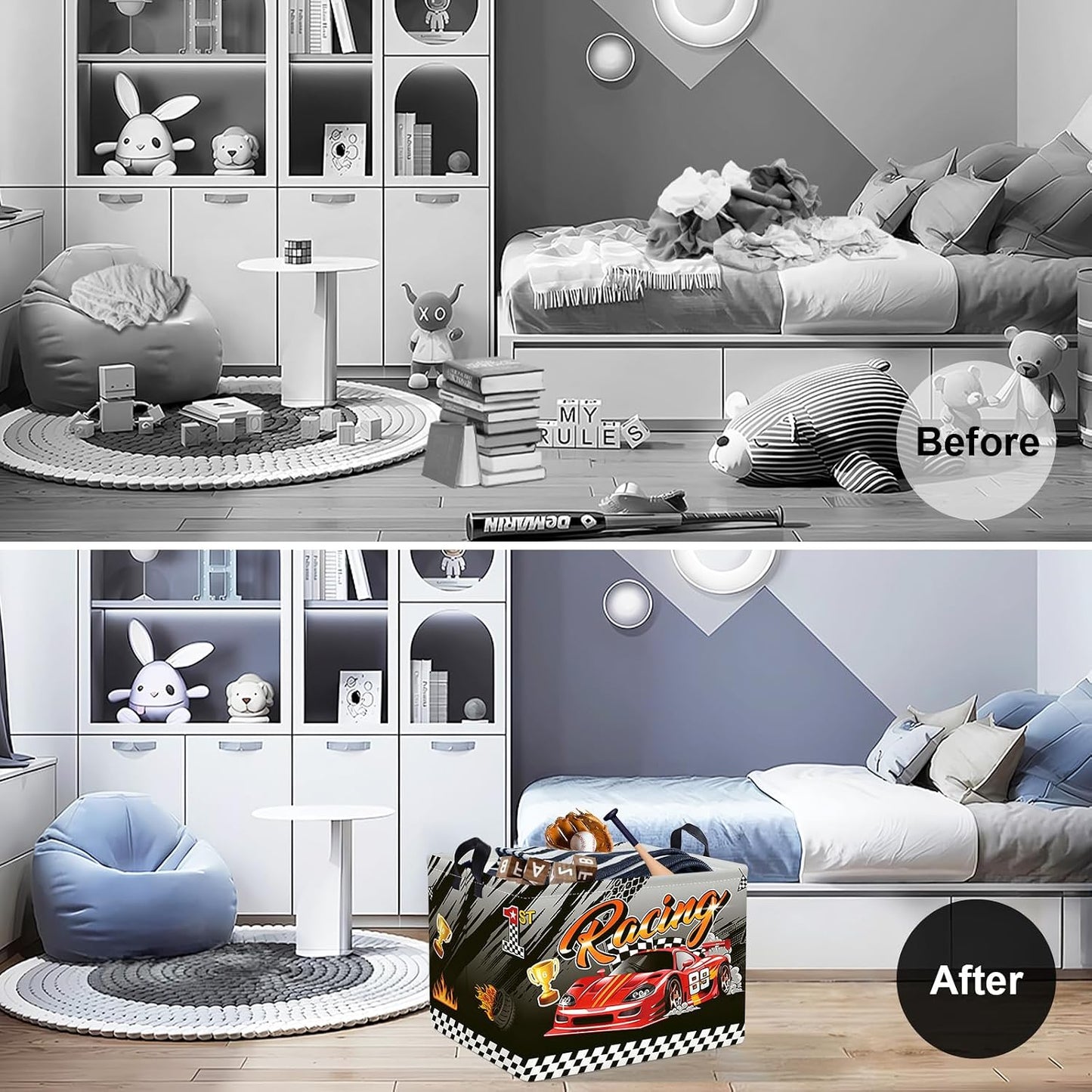 Clastyle Sport 3D Racing Car Boy Room Basket Racing Flag Monster Truck Toy Book Shelf Basket Large Rectangle Collapsible Dirty Clothes Storage Bin, Black, 40 * 30 * 30 cm
