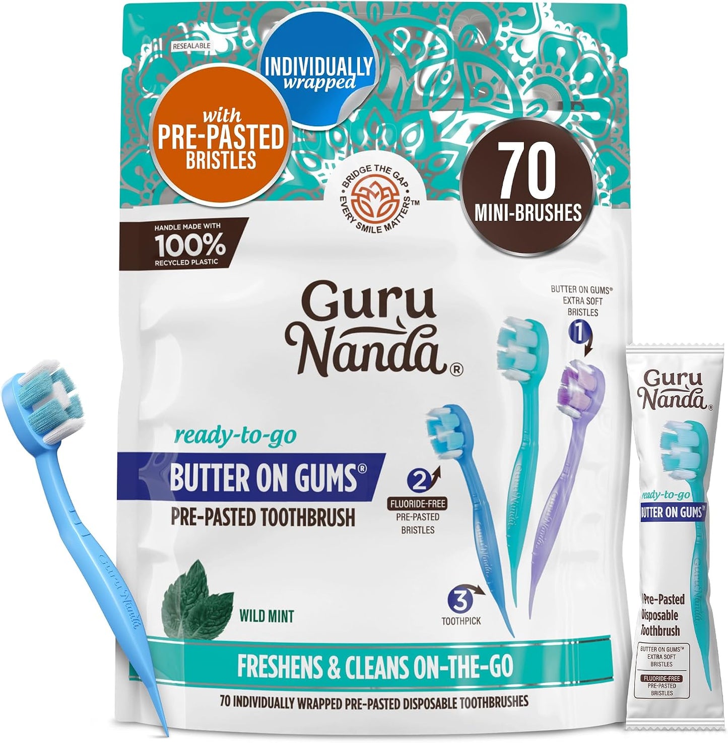 GuruNanda Mini Disposable Toothbrushes with Toothpaste & Toothpick, Prepasted Ready-to-Go Travel Toothbrush with Butter on Gums Bristles - Fluoride Free, No Rinsing, Individually Wrapped, 70 Ct