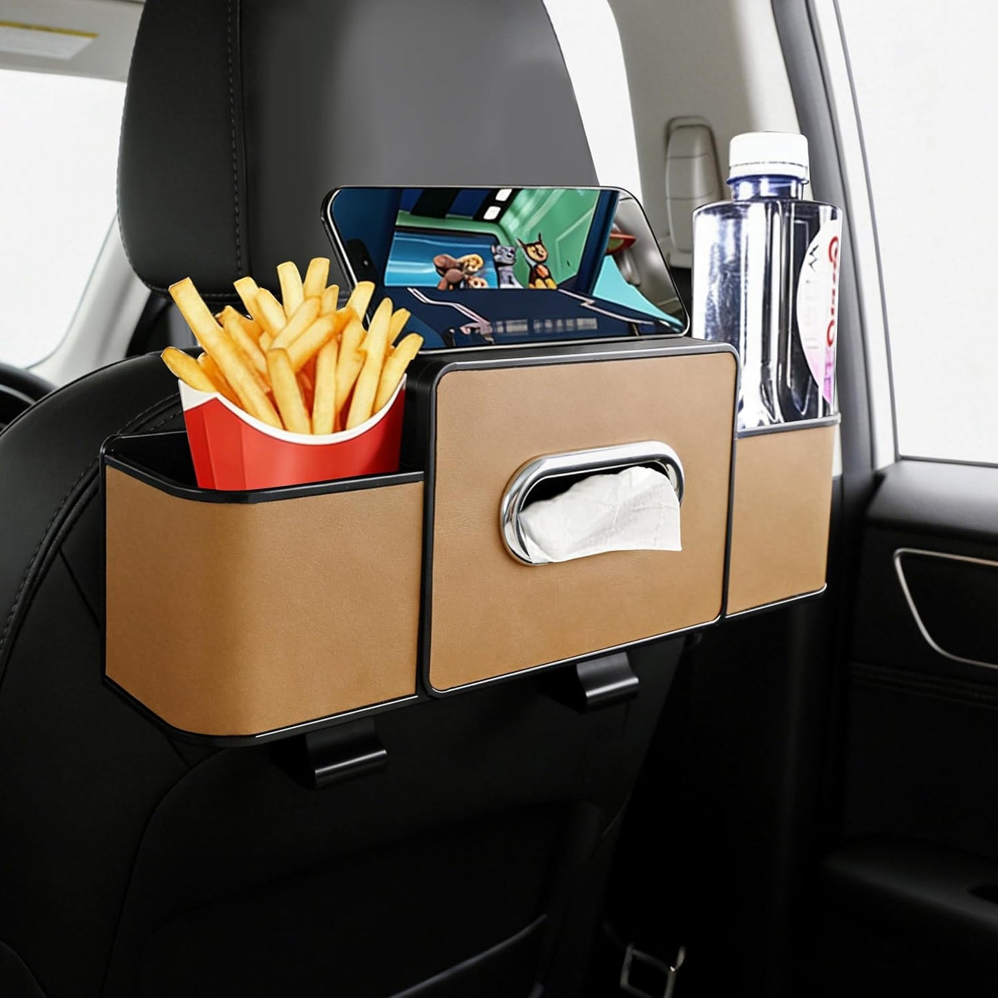 Amooca Back Seat Car Organizer, 4+2 in 1 Multifunctional Car Backseat Storage Box with 5 Cup Holders Tissue Box Hook, Car Interior Storage for Travel Phones Snacks Drinks(Orange)