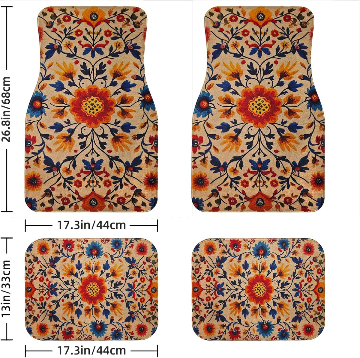 Nyverzd Luxury Car Floor Mats Full Set | Car Decor for Men Women | Vintage Floral Boho Pattern | Heavy Duty All-Weather Universal Rubber Liners | Non-Slip & Odor-Free