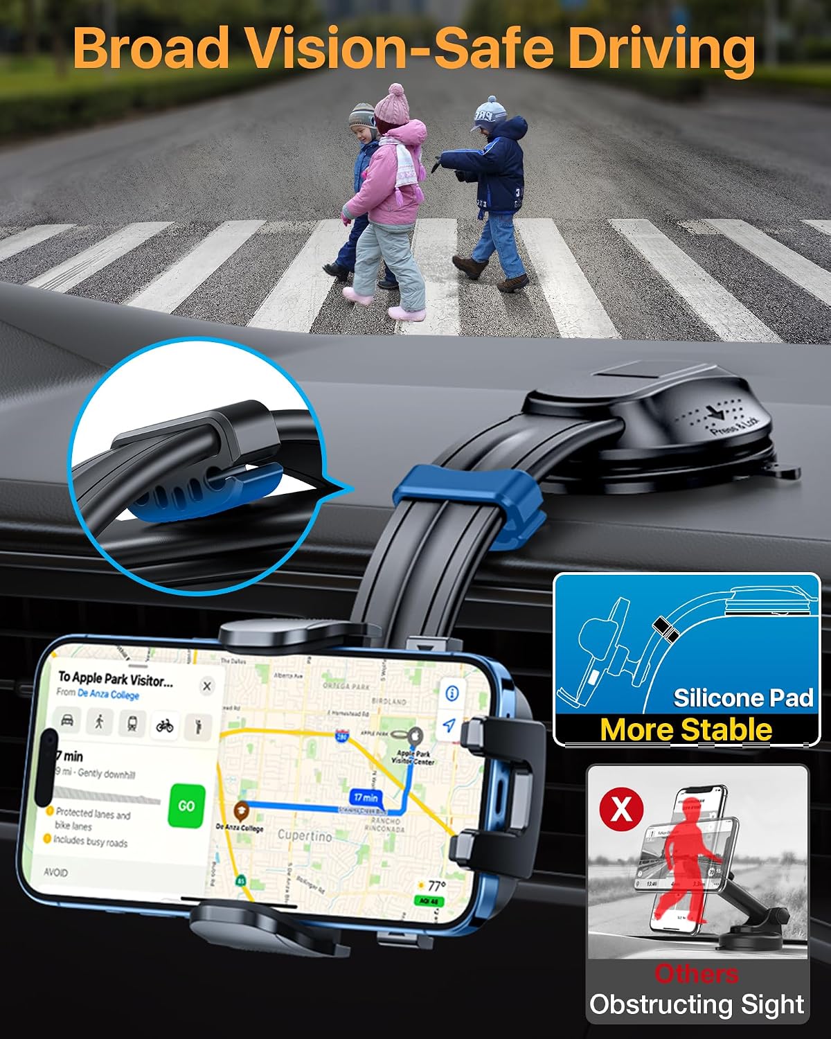 HTU Upgraded Strongest Suction No Block View Bendable Arm Car Phone Holder