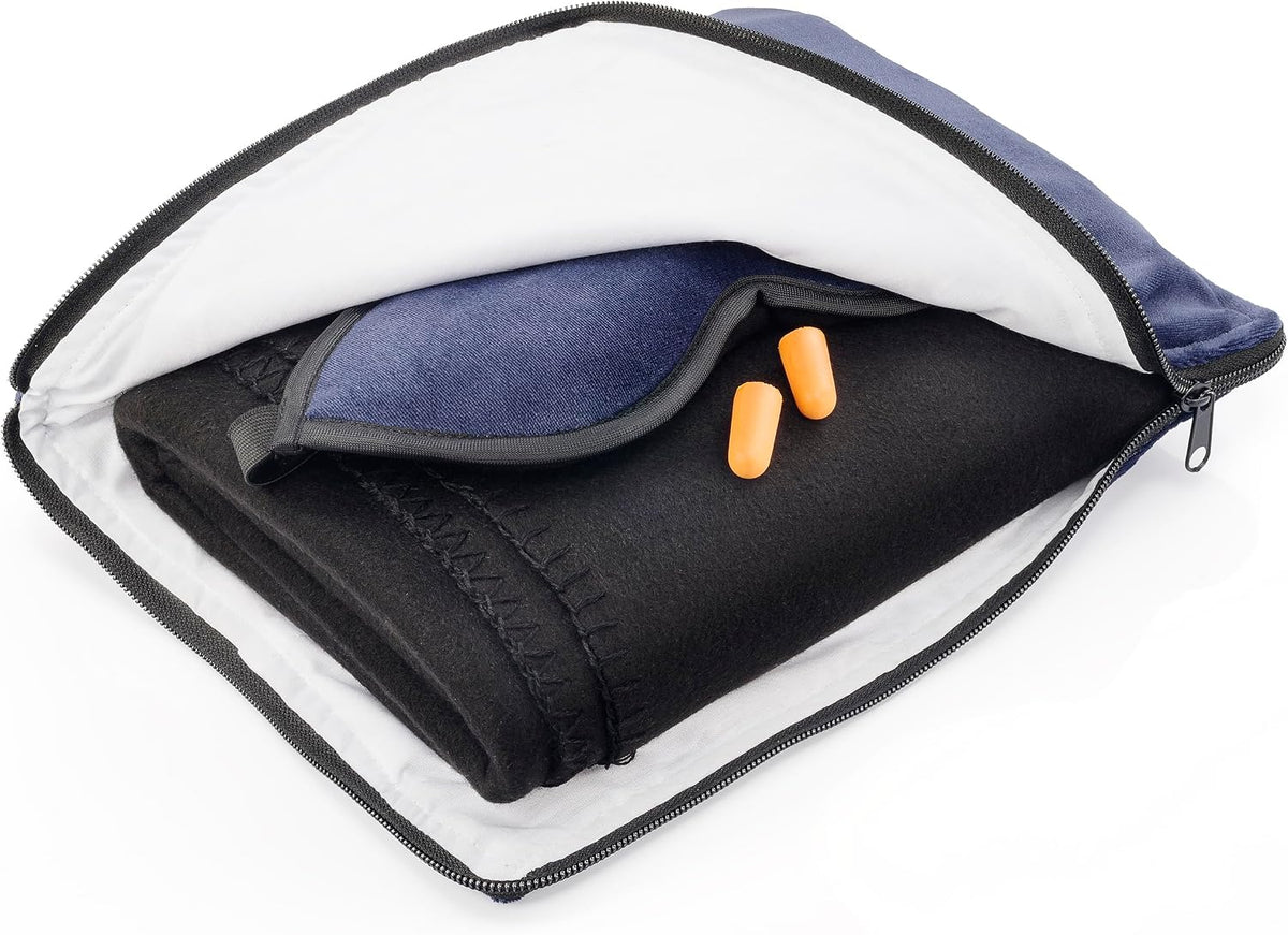 Lewis N. Clark Ultimate Comfort Set + Portable Travel Kit for Airplane, Includes Inflatable Pillow + Zippered Carrying Case, Cozy Fleece Blanket, Eye Mask for Sleeping & Foam Ear Plugs, Black