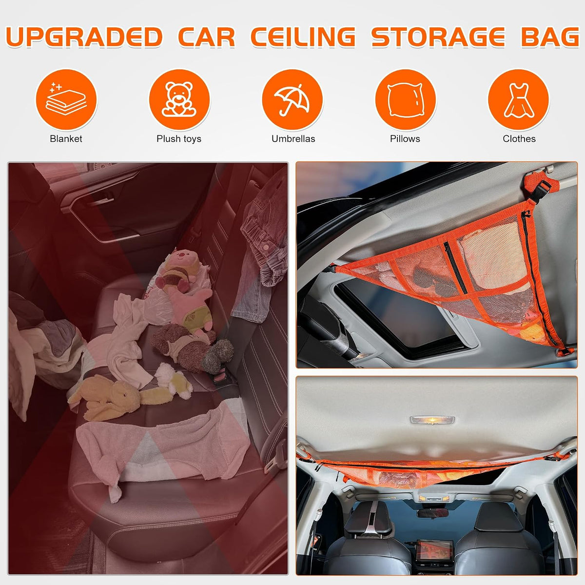 3 Handles Car Ceiling Cargo Net for Inside Car Roof,Interior Mesh Storage,Truck SUV Travel Long Road Trip Camping Interior Accessories 35.4"x25.6",Orange