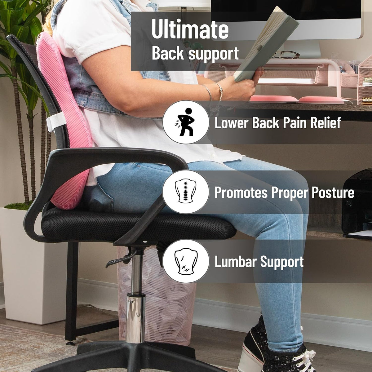 Mind Reader Air-Cloud Lumbar Cushion, Memory Foam Back Support Pillow for Lower Back Pain Relief, Adjustable Strap, Office Chair and Car Seat, Pink