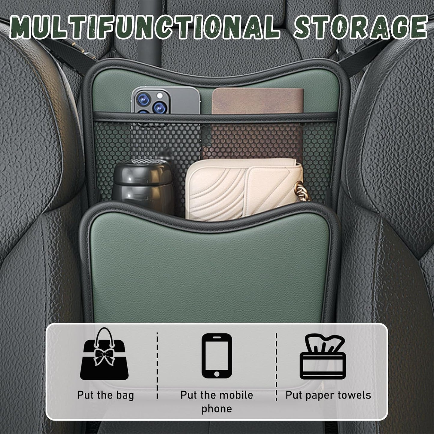 Ohleats Car Organizer Storage Between Seats, Nappa Leather Auto Handbag Holder for Document Phone Storage, Large Capacity Automotive Console Pocket Purse, Car Accessories (Green)