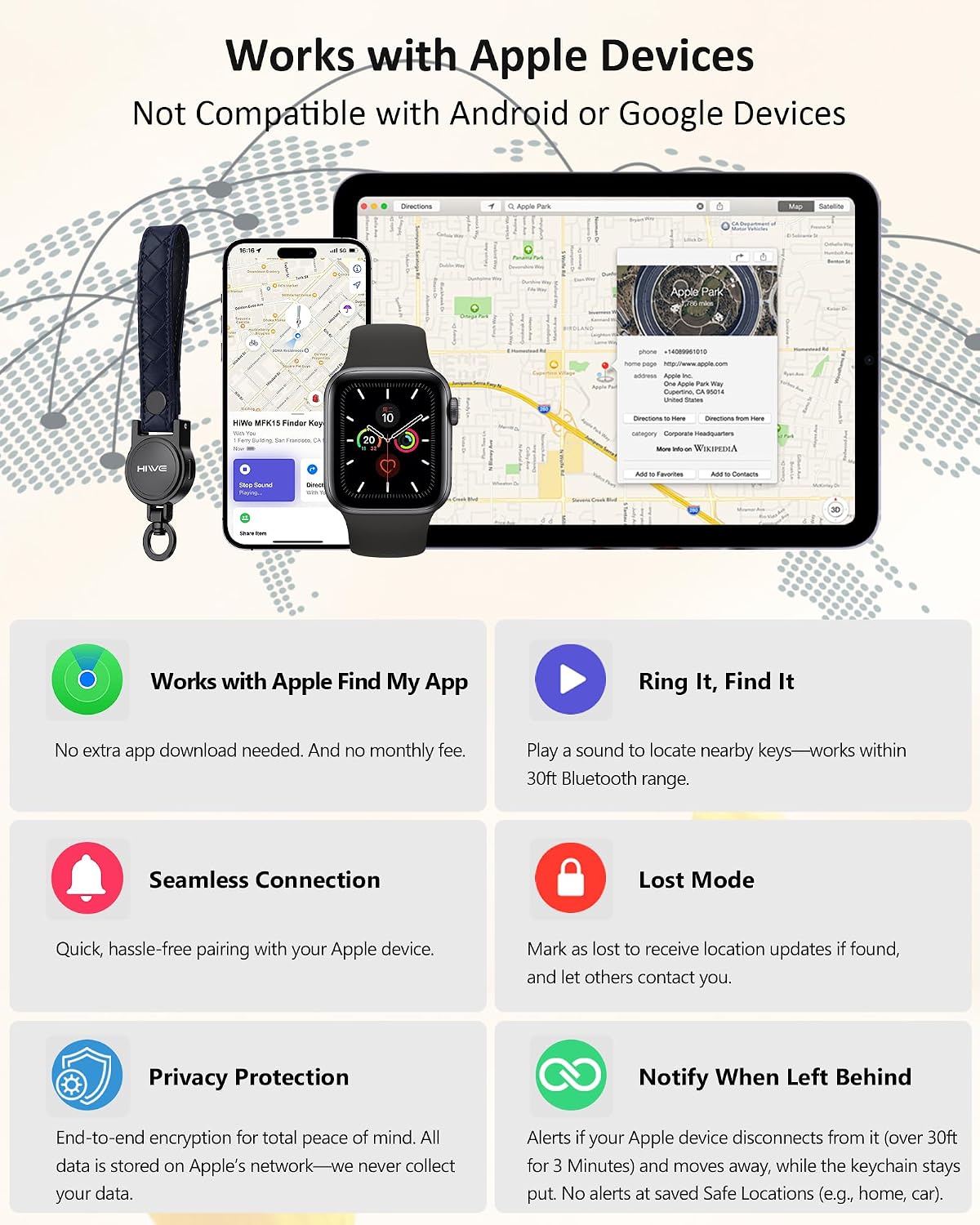 HiWe Anti-Lost Keychain, Works with Apple Find My, Carabiner Car Key Holder with Texture Leather Strap, Bluetooth Key Finder Tracker, USB-C Rechargeable, Navy Blue