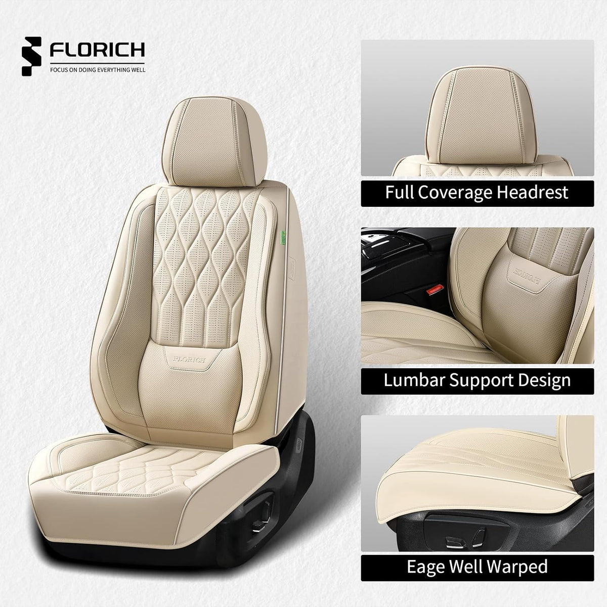 FLORICH Automotive Seat Covers Front Seats Leather Car Seat Covers with Lumbar Support Front Seat Covers Waterproof Car Seat Cushion Protectors Universal Fit for Most Cars Sedans Trucks SUV, Beige