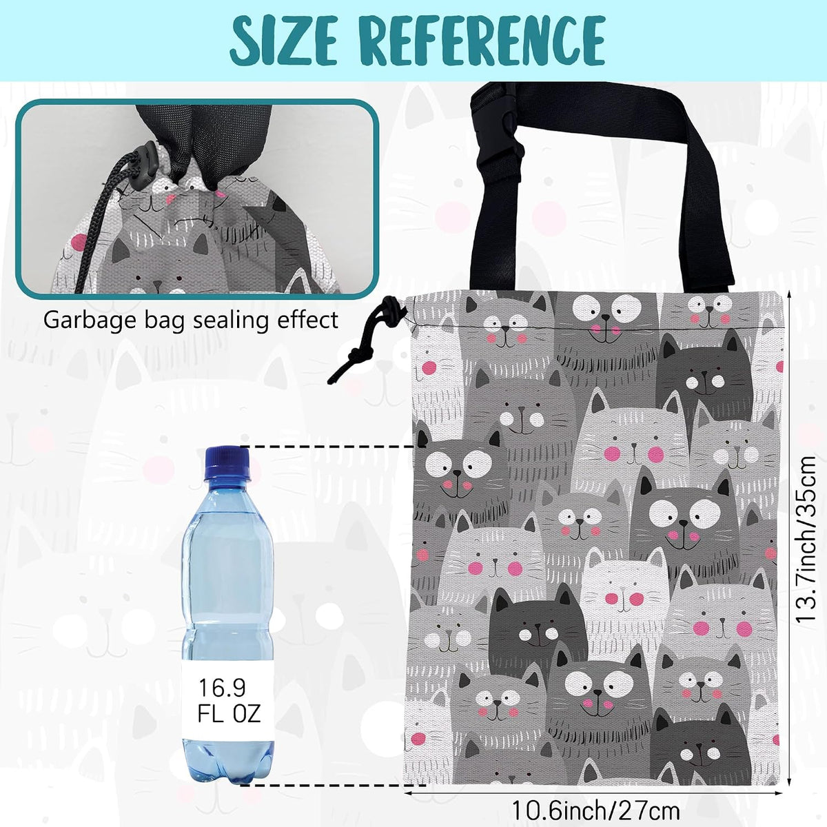 Car Garbage Bag Cute Grey Cats Drawstring Car Trash Bag Hanging for Back Seat with Adjustable Buckle Canvas Vehicle Trash Can Easy-to-Install