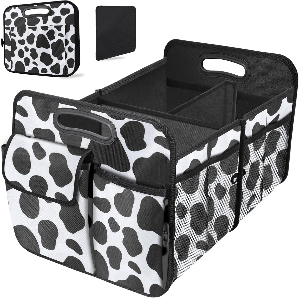 Trunk Organizer for Car, 72L Collapsible Waterproof Car Organizers and Storage, Car Accessories for Women and Men, Multi-Compartment Storage Organizer for SUV, Cow Print