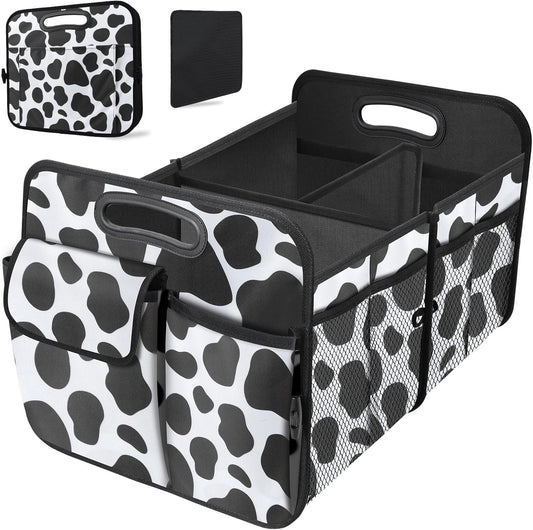 Trunk Organizer for Car, 72L Collapsible Waterproof Car Organizers and Storage, Car Accessories for Women and Men, Multi-Compartment Storage Organizer for SUV, Cow Print