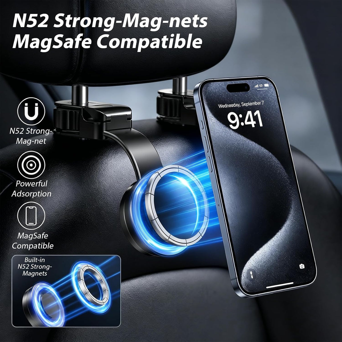 Phone Holder for Backseat, 360° Rotation Adjustable Snap-on Magnet Phone Holder, Car Headrest Hook with Swivel Magnet Phone Holder, Universal Car Headrest Hooks for Bags Handbag Grocery Bag