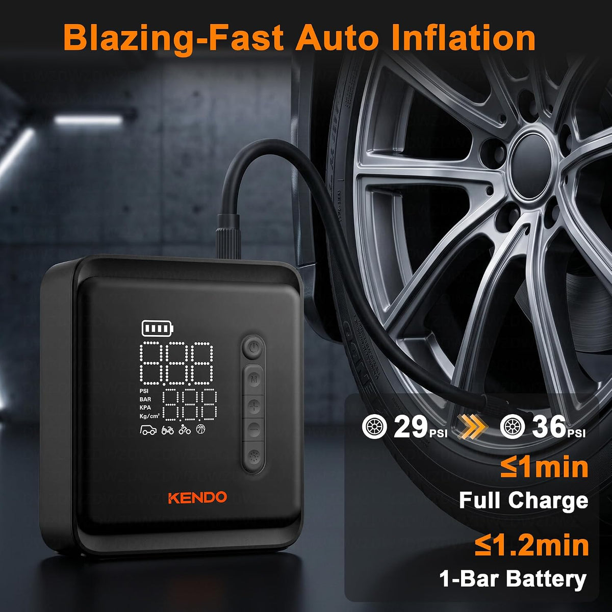 KENDO Tire Inflator Portable Air Compressor, 150 PSI Cordless Bike Pump with 12V Car Charger, Auto Shut-Off & Digital Gauge, Fast Inflation for Car, Motorcycle, Bicycle, Ball