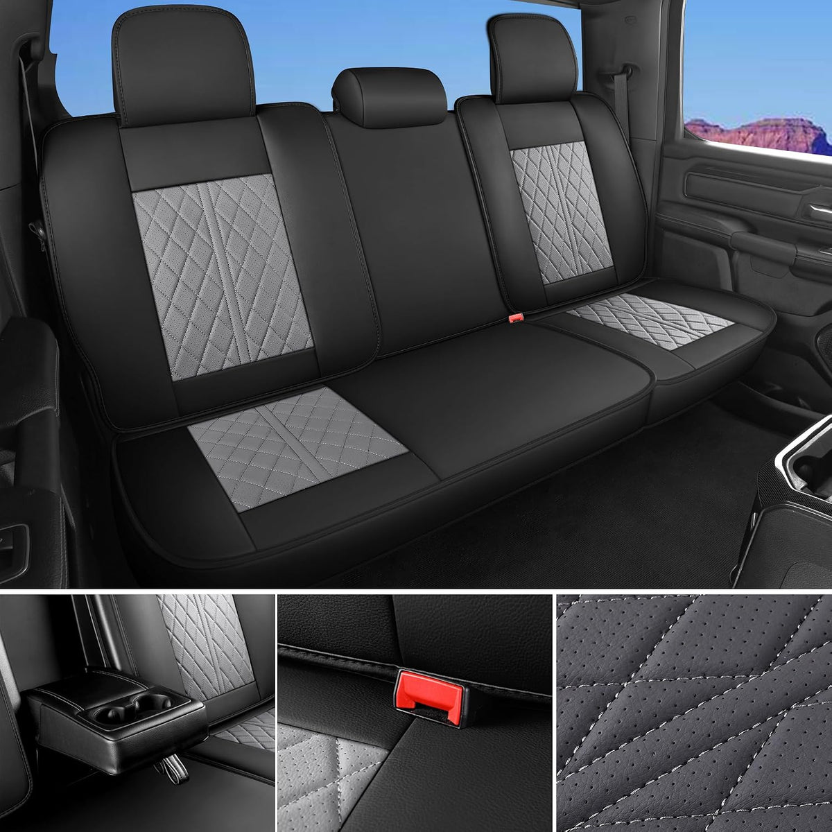 Car Seat Cover Custom Fit for Dodge Ram 1500 2500 3500 2002-2026 Faux Leather Seat Cover Set Compatible with Crew Quad Regular Cab Pickup Truck Cushions (Black & Grey, Front Seat)