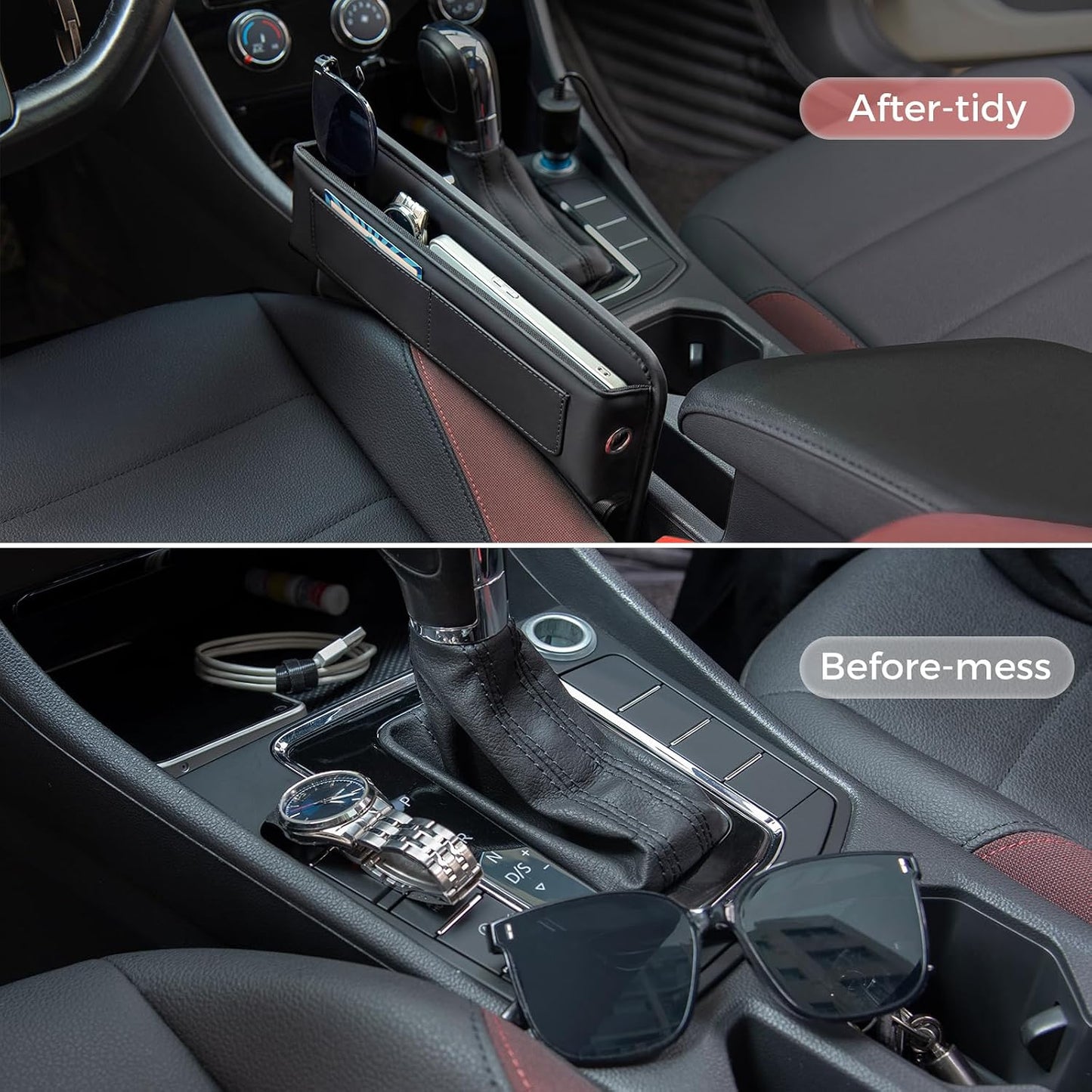 ALIOBC Car Seat Gap Filler Organizer Car Storage Organizer Car Accessories for Women/Men Interior Premium Leather Keeps Phone/Keys/Wallets (Black, 1 Pack)