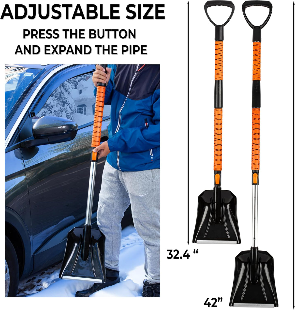 ZONETECH Extendable Snow Squeegee,Ice Scraper and Shovel 42" Lenght- Rotating Head, 3-1 Adjustable Frost Remover,Shoveling Tool with Ergonomic Handle Heavy Duty