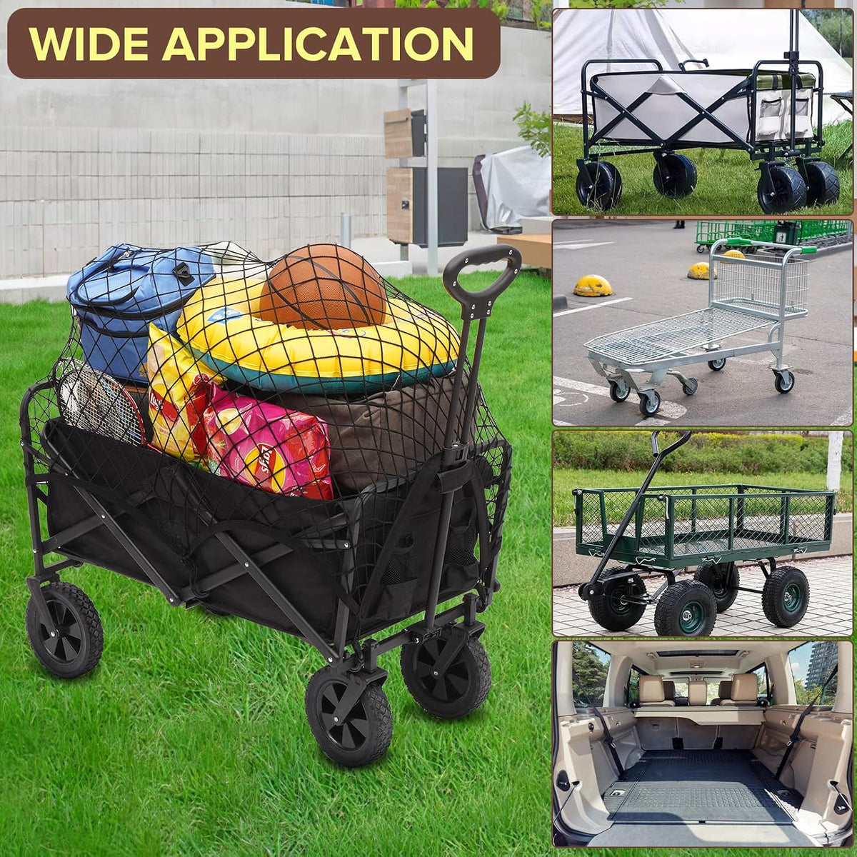 Elastic Mesh Cargo Net for Folding Wagon, Heavy Duty Stretch Storage Cover with 6 Hooks for Beach Cart, Garden Utility Trolley Accessories, 35.5 x 23.6 Inch Black