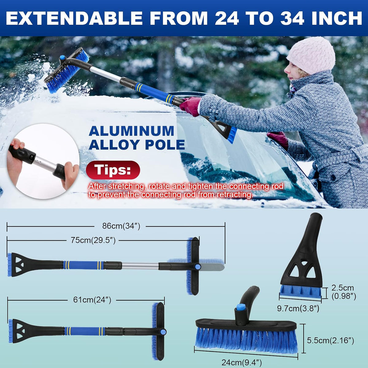 BFONS 2 PCS Ice Scrapers for Car Windshield, 2-in-1 Snow Scraper and Snow Brush for Car SUV Truck, Car Ice Windshield Scraper for Ice and Snow with 360° Pivoting Brush and Ergonomic Foam Grip Blue