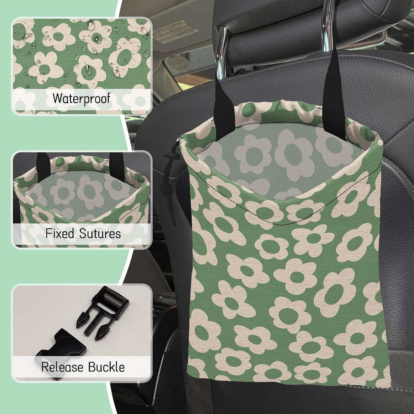 Groovy Florals Car Garbage Bag,Waterproof Small Car Trash Bag Hanging Back of Seat,Drawstring Hanging Car Trash Bag with Adjustable Buckle for Car Accessories