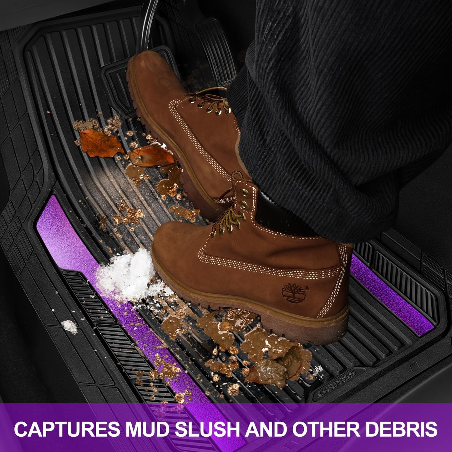 CAR PASS Heavy Duty Rubber Car Mats Metallic,Aluminum Film All Weather Floor Mats Waterproof Universal Trim to Fit SUVs Sedans Vans 4 Piece Anodized Deep Dish Two-Tone Sporty Black Purple Chrome