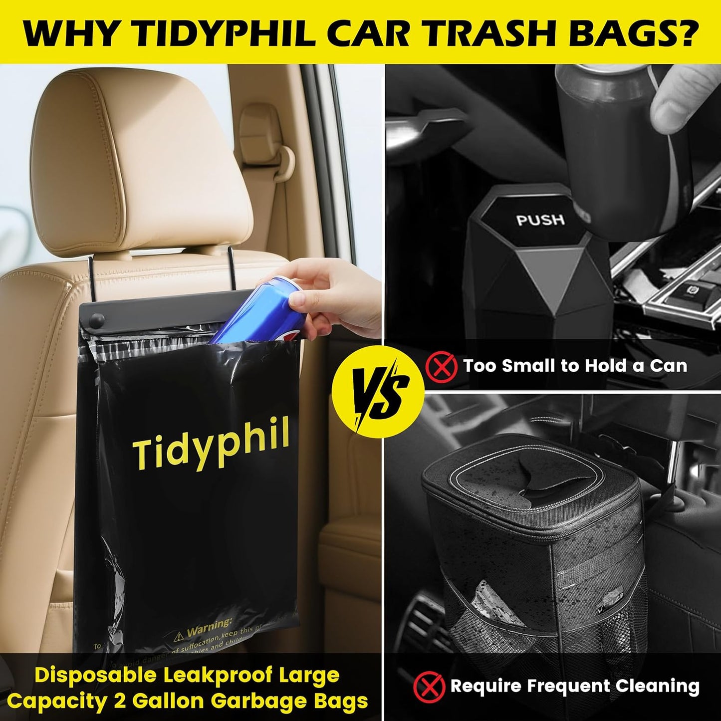 150 PCS Disposable Car Trash Bags Hanging, Leak-proof, Odor Seal. 2 Gallon Car Garbage Bags, Big Capacity. Independent of Car Trash Can, Easy Stick-On Car trash Bin for Car, SUV, Truck, Stroller.Black