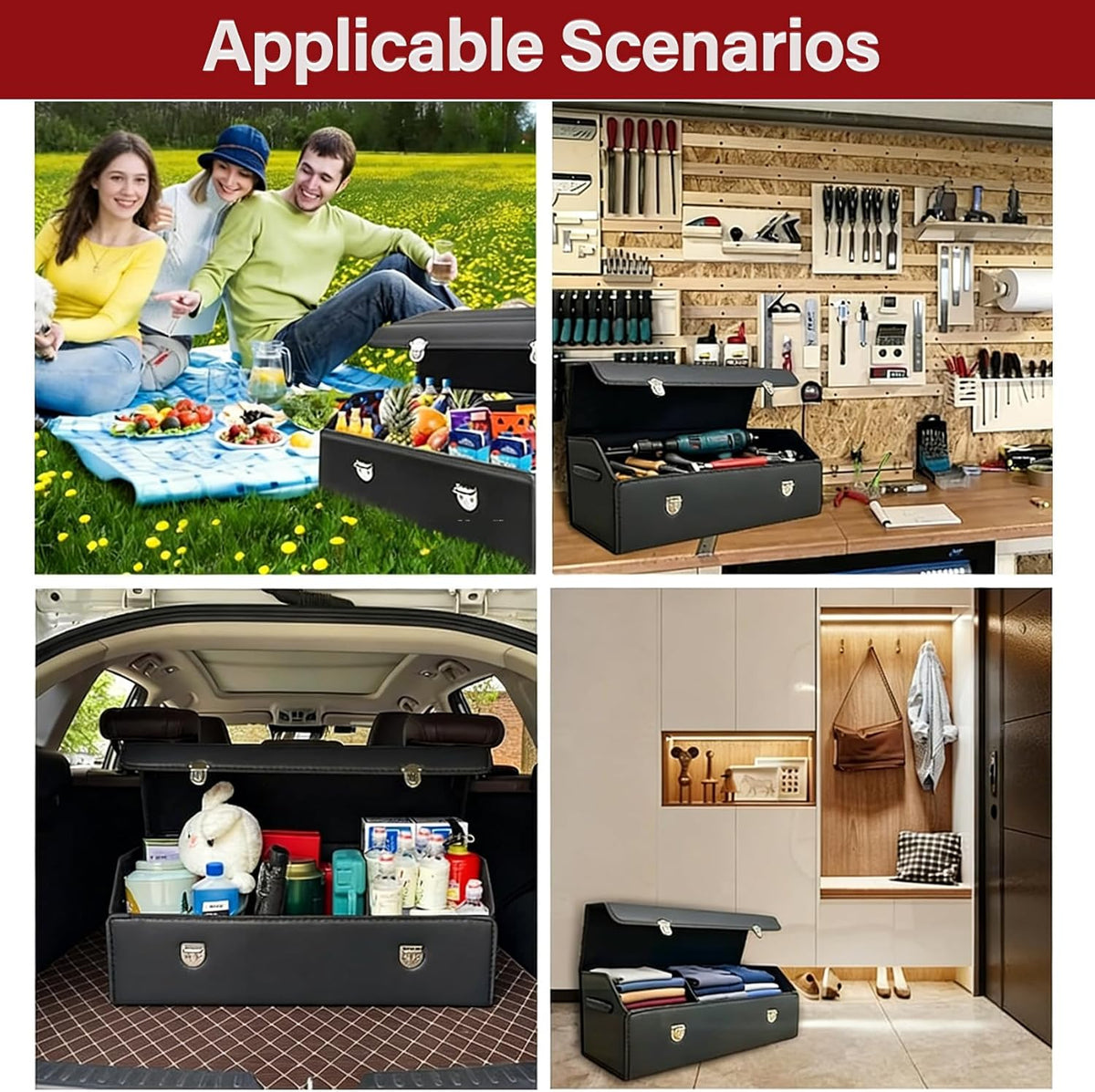 Leather Storage Box Car Trunk Organizer with Lid, Foldable PU Leather Cargo Storage Bin for SUV Sedan Truck, Portable Auto Organizer for Grocery Tool Storage, Black 29.5" L*12.2" W*11.8" H