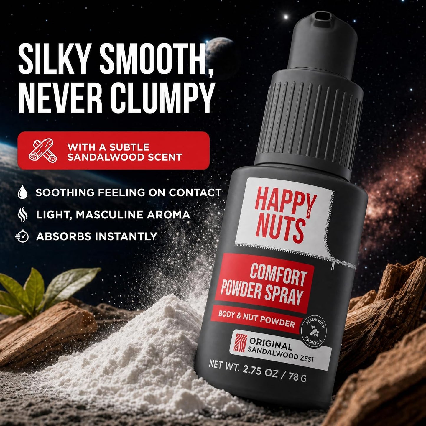 HAPPY NUTS Comfort Powder Spray: Anti Chafing & Mens Deodorant, Aluminum-Free, Sweat and Odor Control for Jock Itch, Groin and Men's Private Parts
