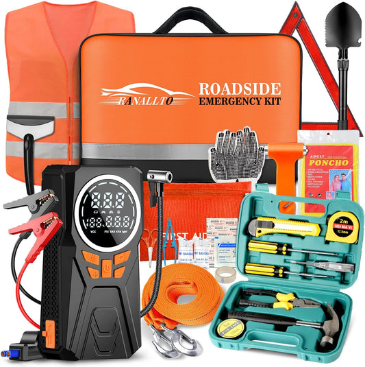 Car Emergency Kit with Jumper Starter and Air Compressor, Roadside Emergency Tool Kit for Truck Venicle Auto, Men Women Winter Travel Road Side Safety Essential Survival Bag with First Aid Kit