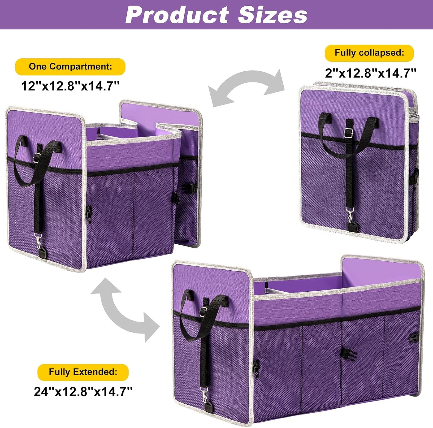 Car Trunk Organizer with Individual Cooler Bag - 2 Compartment Collapsible Car Storage for SUV (Purple)