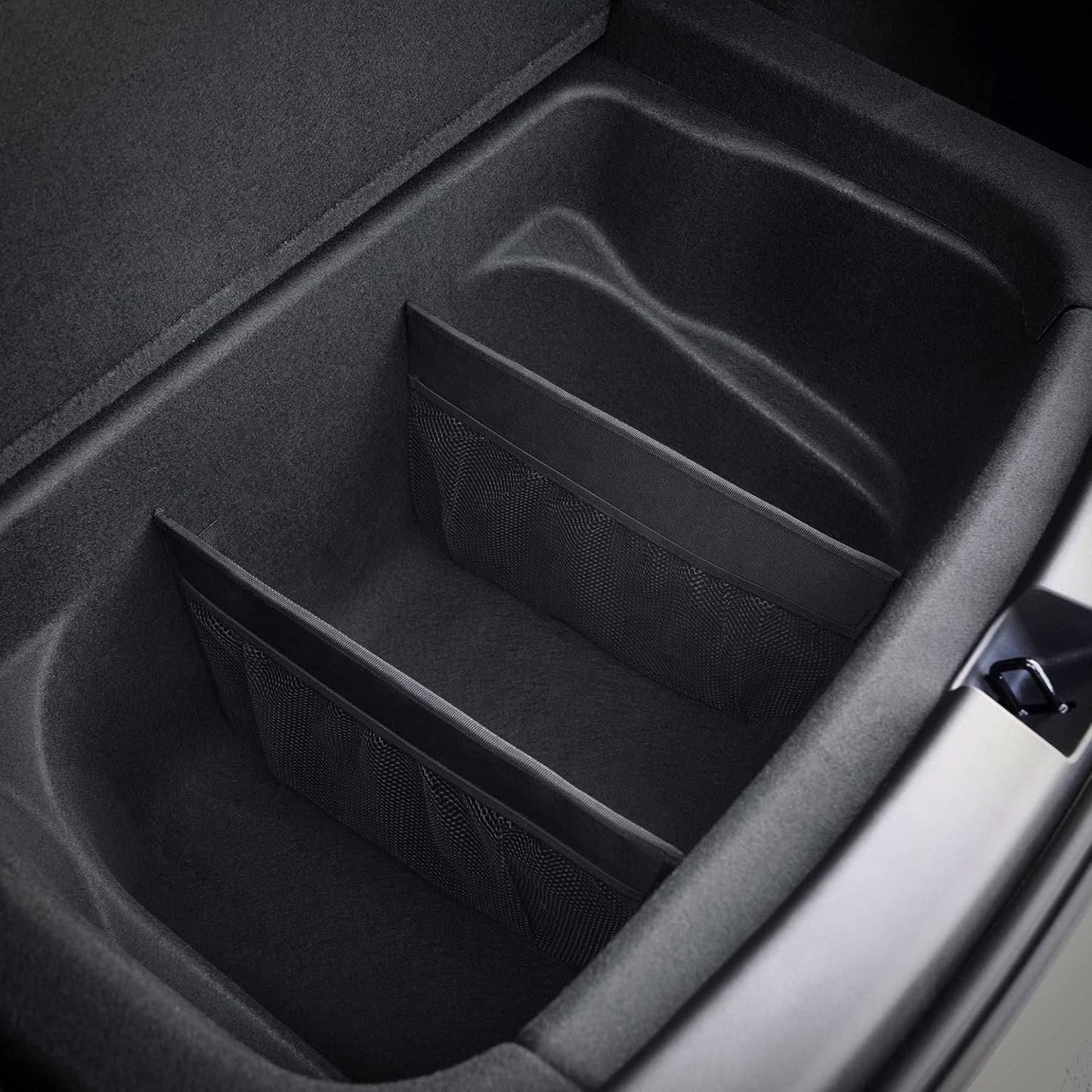 KMMOTORS Sub Trunk Divider of under-floor Compatible for Model Y, Model 3 (2017-2023) – Hidden Trunk Organizer – Dividers with Mesh Pockets for Storage Separation (Set of 2)