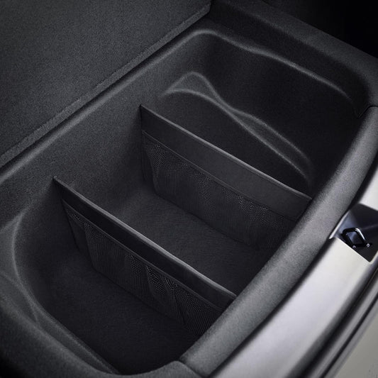 KMMOTORS Sub Trunk Divider of under-floor Compatible for Model Y, Model 3 (2017-2023) – Hidden Trunk Organizer – Dividers with Mesh Pockets for Storage Separation (Set of 2)