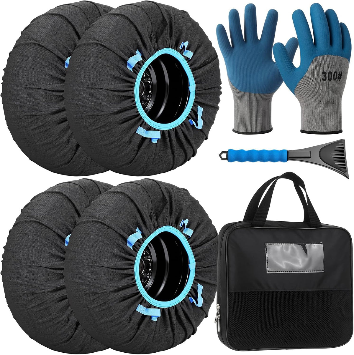 Canchiing 2 Pack Automotive Snow Socks for Tire, Traction Aid Anti Slip Tire Covers Chain with Ice Scraper Gloves, Universal Emergency Winter Kit for Cars Suvs Trucks Quick Fit Easy Installation (XL)
