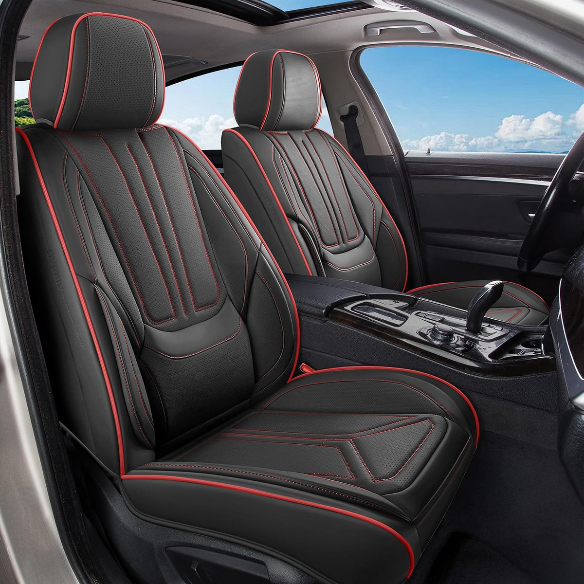 Car Seat Covers Full Set Black Red Line, Leather seat covers, Universal Fit