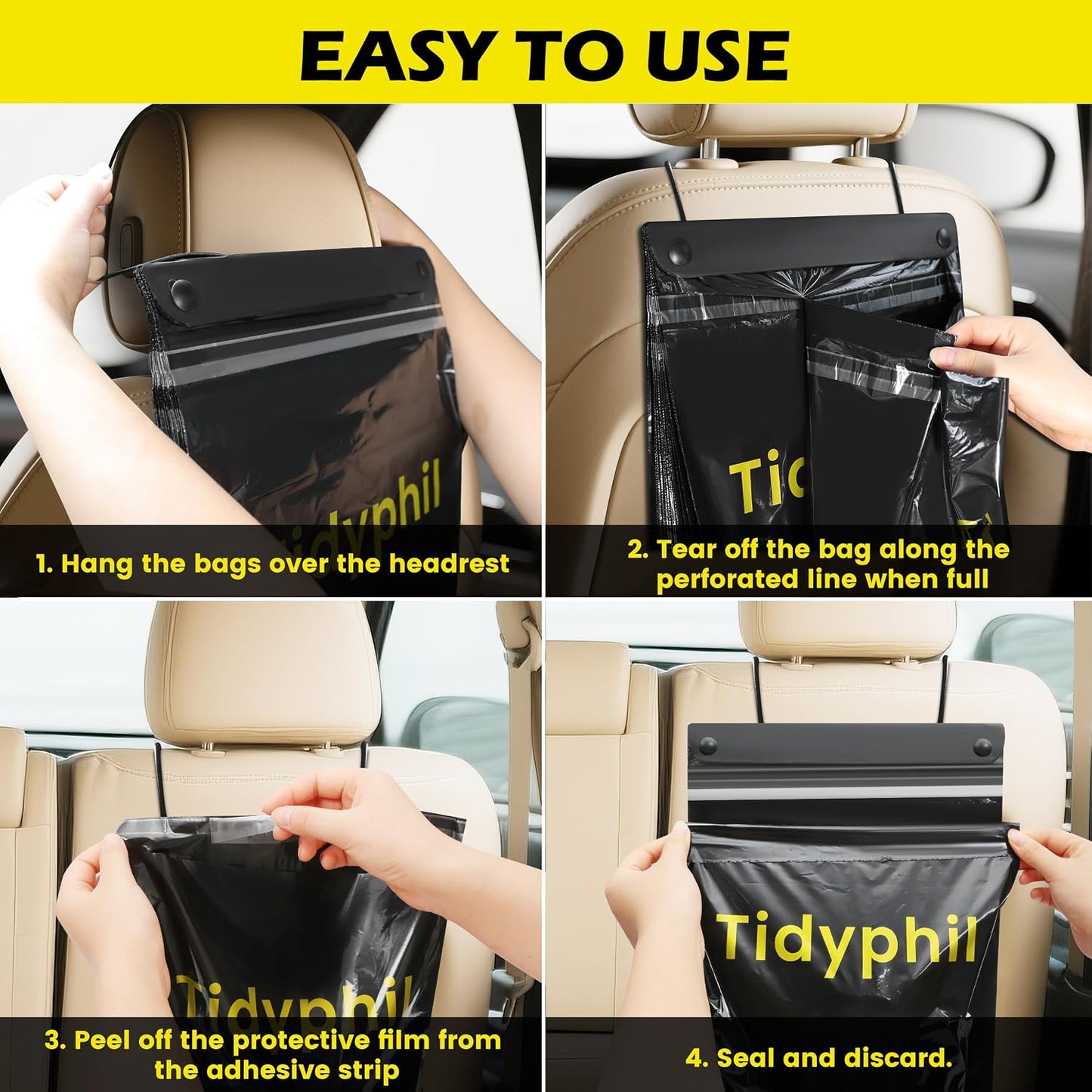 150 PCS Disposable Car Trash Bags Hanging, Leak-proof, Odor Seal. 2 Gallon Car Garbage Bags, Big Capacity. Independent of Car Trash Can, Easy Stick-On Car trash Bin for Car, SUV, Truck, Stroller.Black