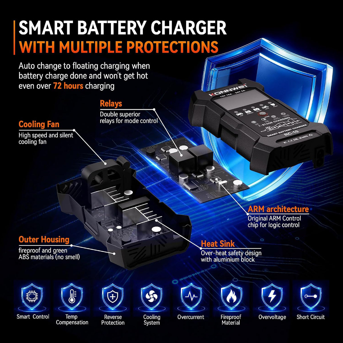 KONNWEI 12V/24V Battery Charger,Smart Trickle Charger Maintainer LiFePO4