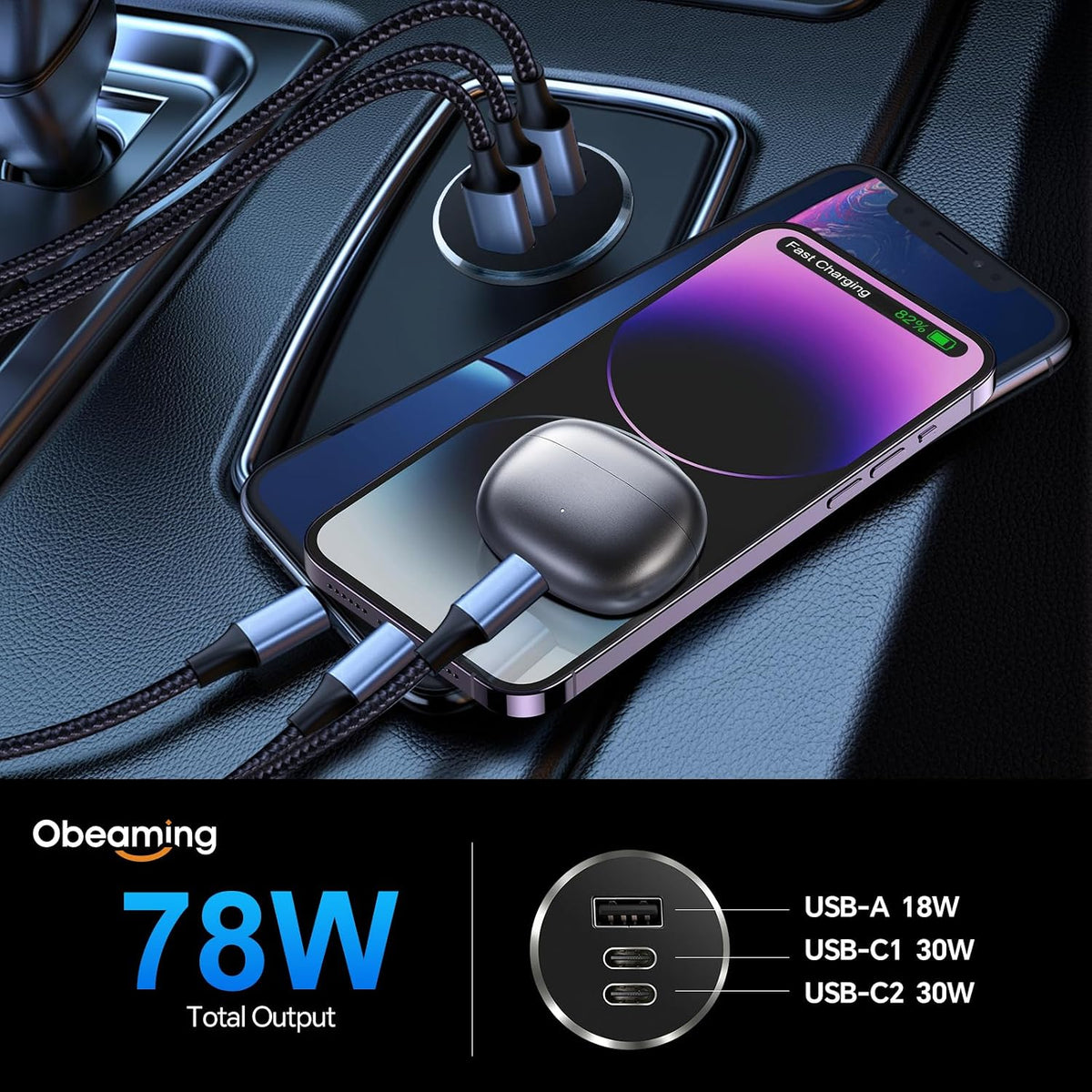 78W 12V USB Outlet with Silver Ring, Aluminum Car USB C Socket